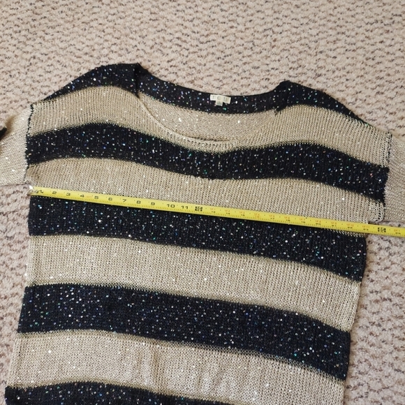 I.C.U. Women's Sequin Striped Pull Over Size L Open Knit Sweater Gold Black - Picture 4 of 14